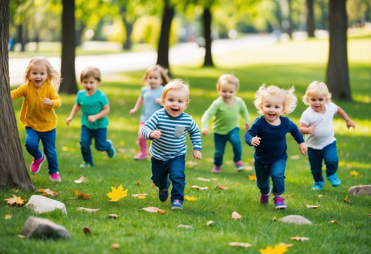 A group of toddlers excitedly search for natural items in a park, running and climbing as they collect leaves, rocks, and flowers for their scavenger hunt