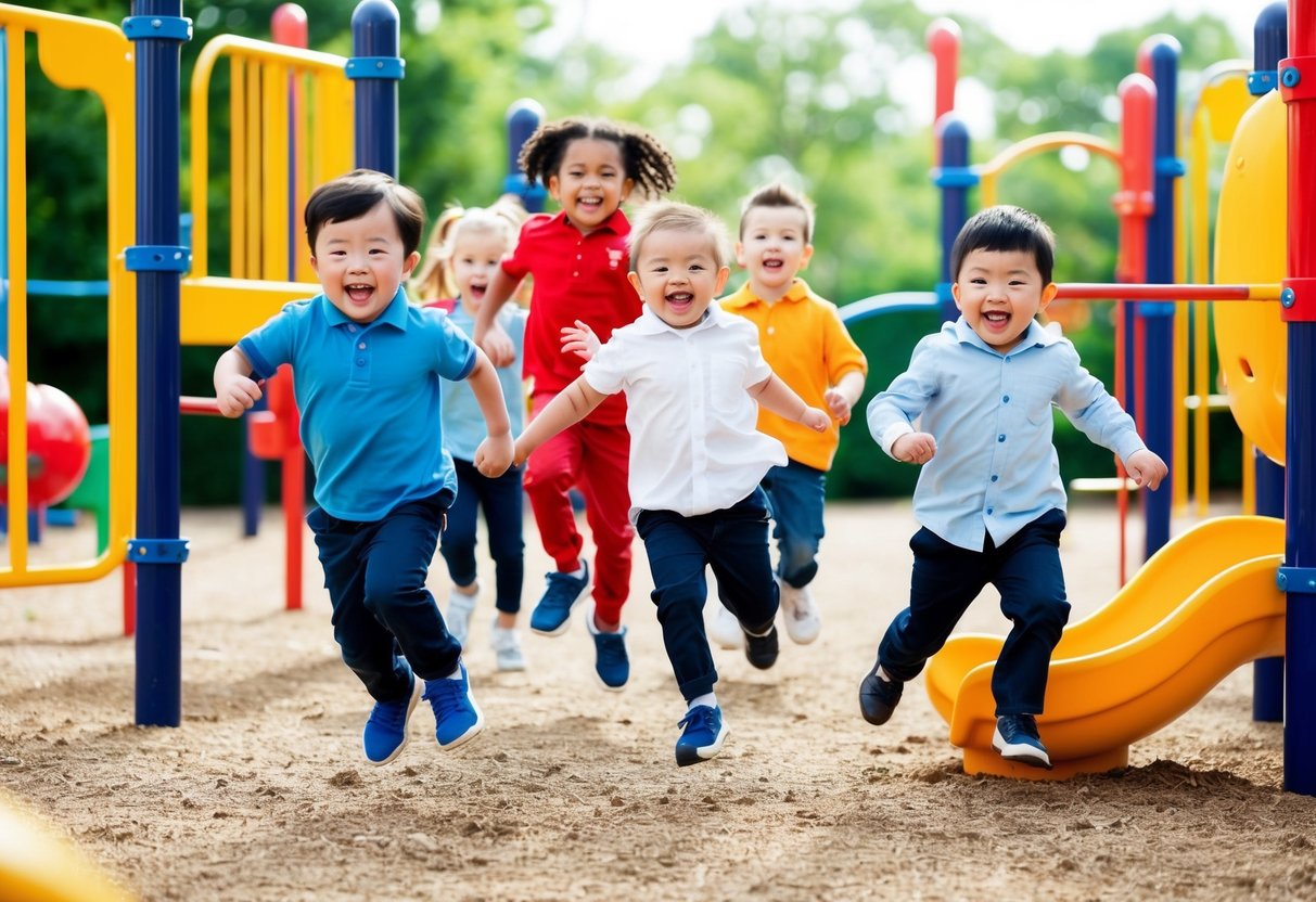 A group of preschoolers playing on a playground, running, jumping, and climbing on equipment, with bright, colorful surroundings