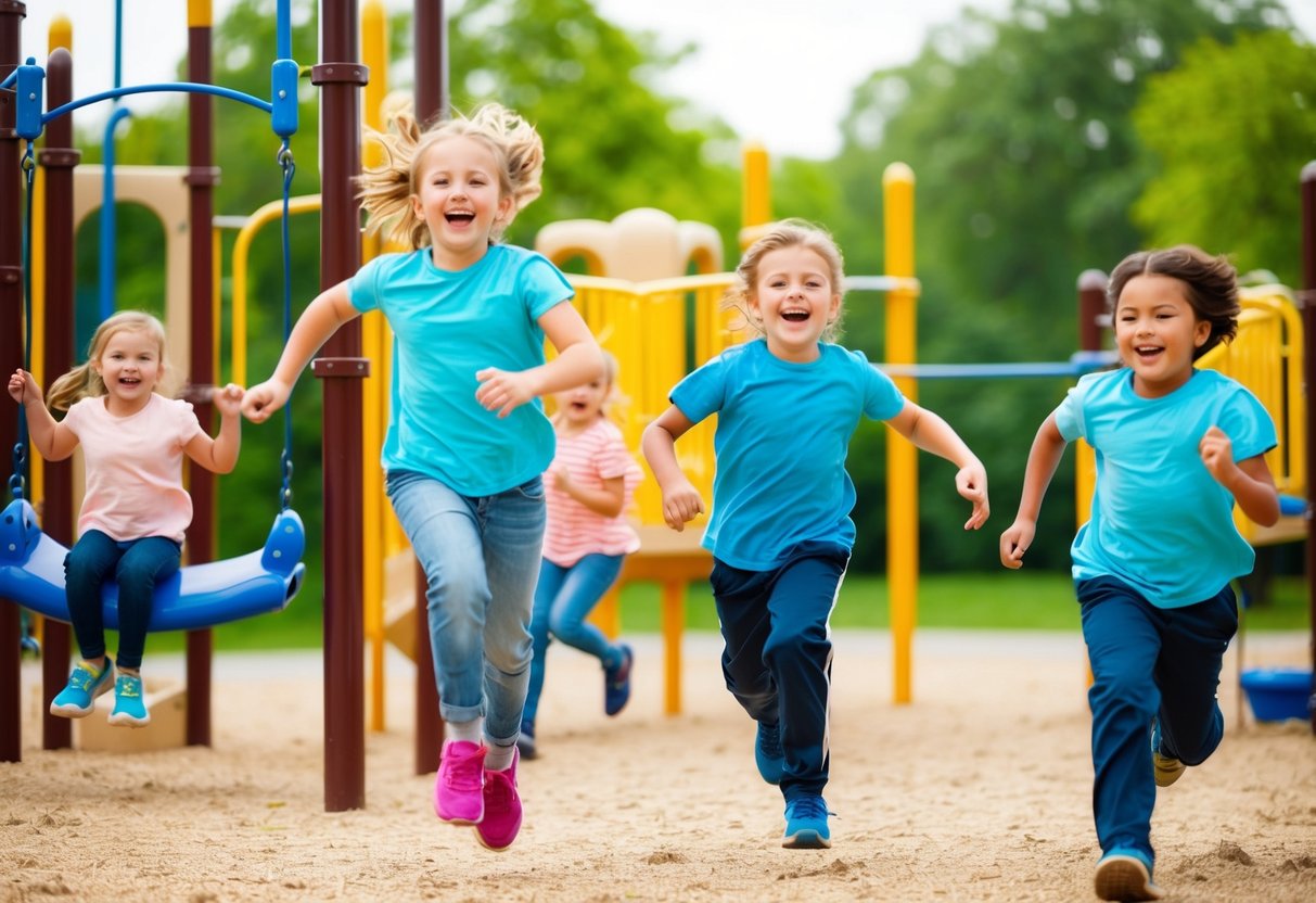 Children running, jumping, and playing on playground equipment, with swings, slides, and climbing structures. Laughter and excitement fill the air as they engage in energetic physical activity
