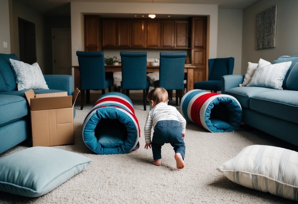 A living room filled with pillows, chairs, and tunnels made from blankets. A toddler crawls through the makeshift obstacle course, balancing on cushions and climbing over cardboard boxes