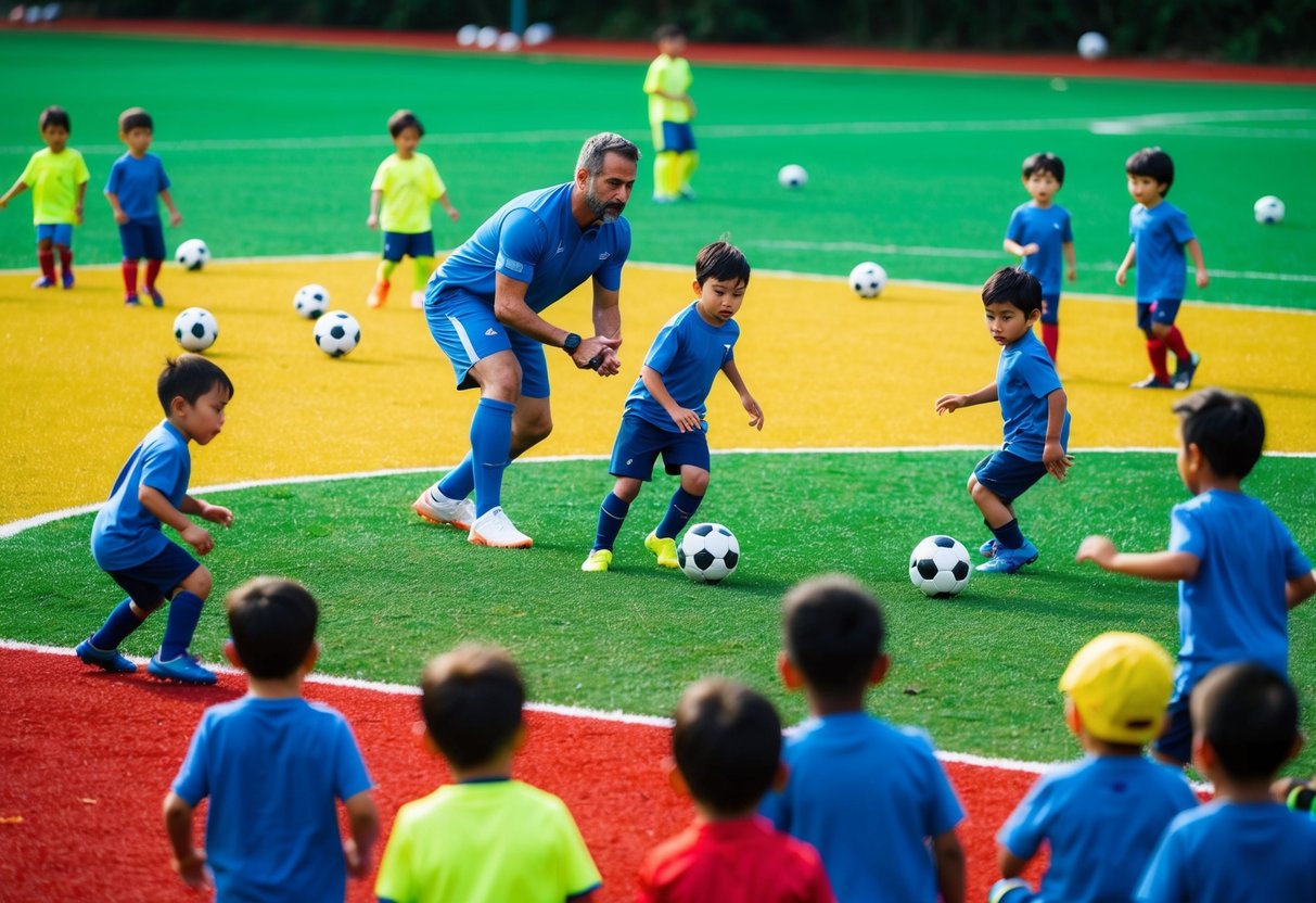 A group of preschoolers playing soccer in a brightly colored, well-maintained field, with a coach guiding them through drills and exercises