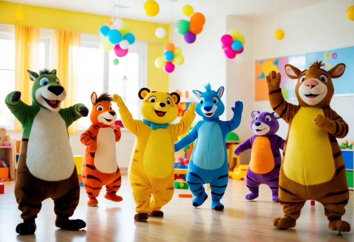 A group of colorful, animated animals lead a lively dance party to children's songs in a bright, open playroom filled with toys and play equipment