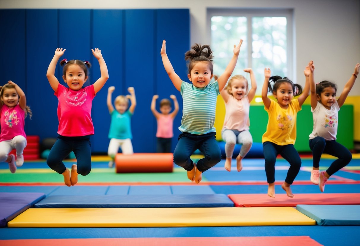 A group of young children eagerly participate in tumbling classes, jumping, rolling, and balancing on colorful mats and equipment
