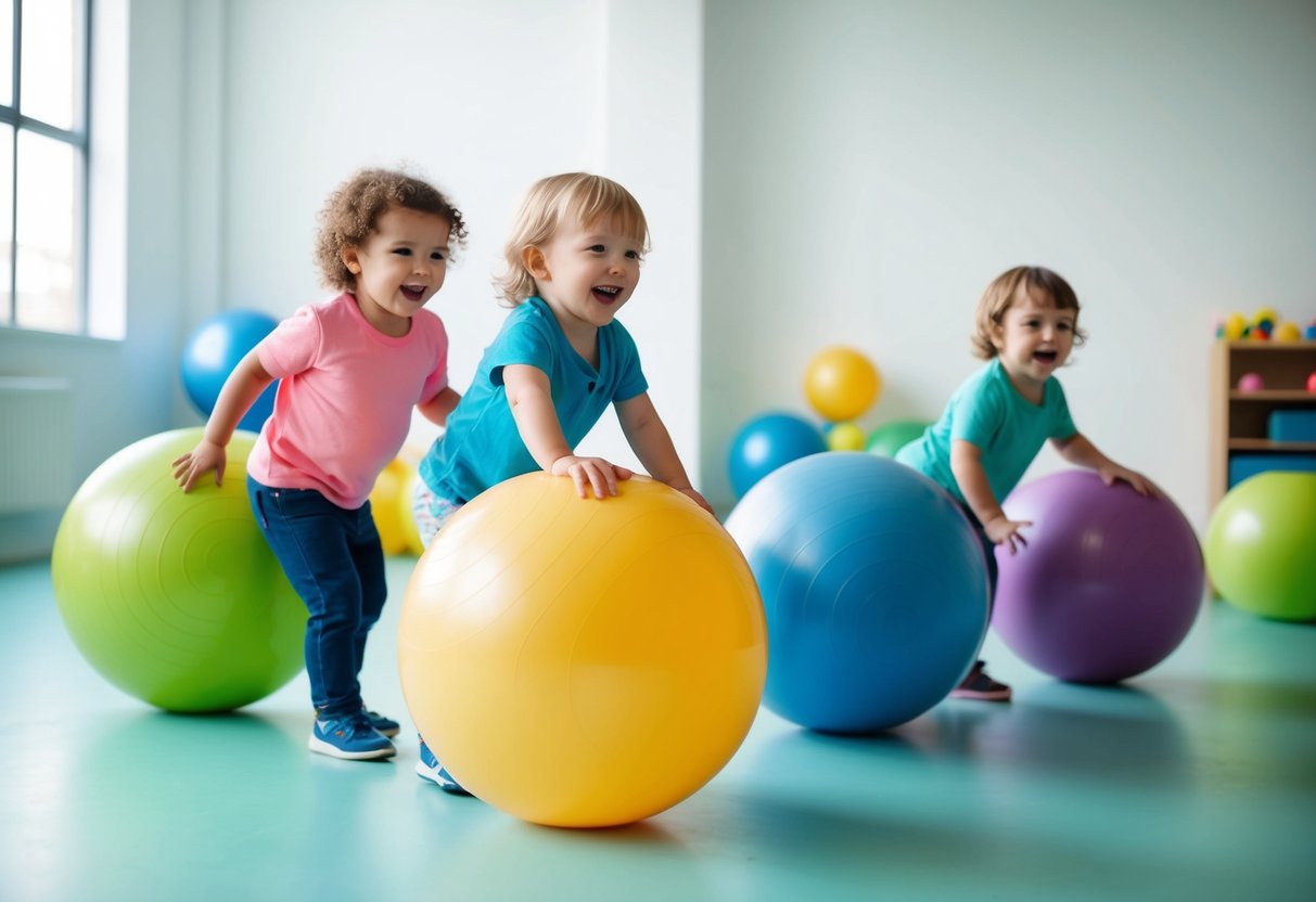 Toddlers playing with colorful, oversized exercise balls in a bright, open space. They are laughing and rolling the balls to each other, incorporating fitness into their playtime