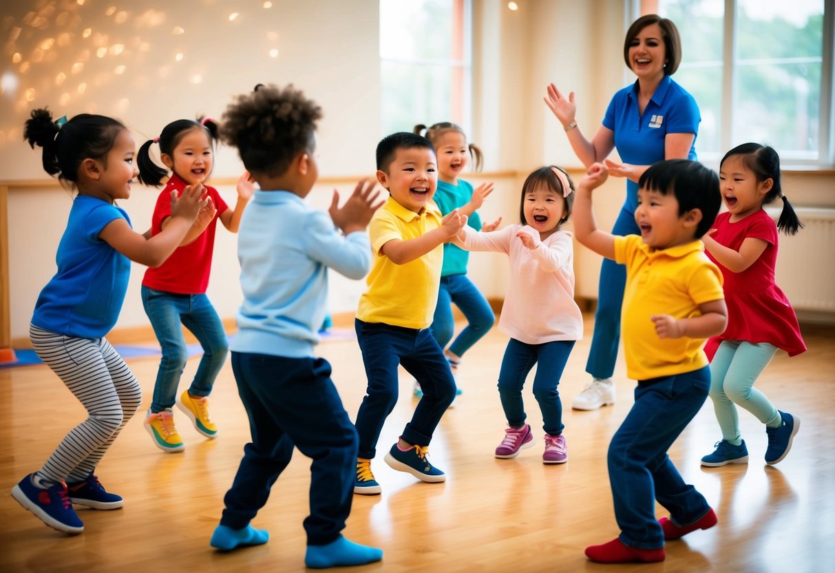 A group of preschoolers happily dancing in a circle, following the lead of their instructor. Some are clapping and stomping their feet, while others are twirling and jumping with excitement