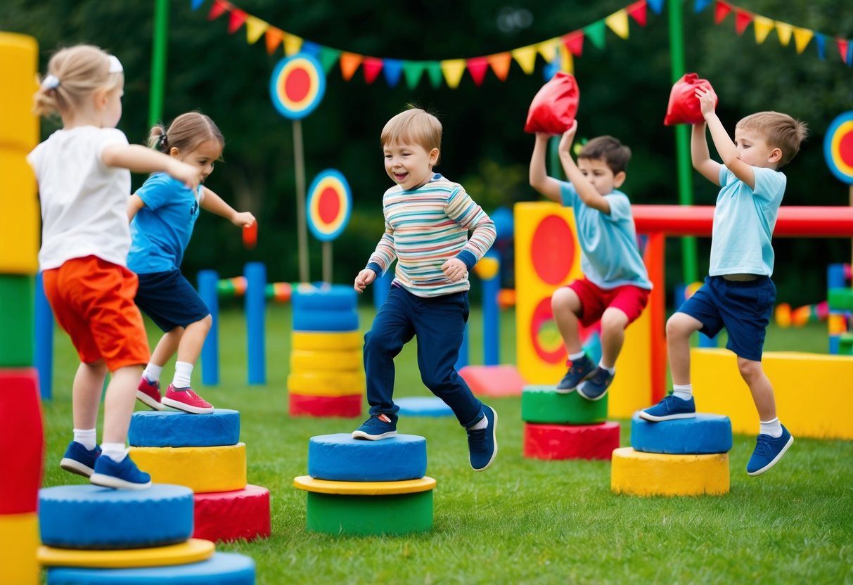 Preschoolers balancing on stepping stones, jumping over hurdles, crawling through tunnels, and tossing bean bags into targets in a colorful outdoor obstacle course