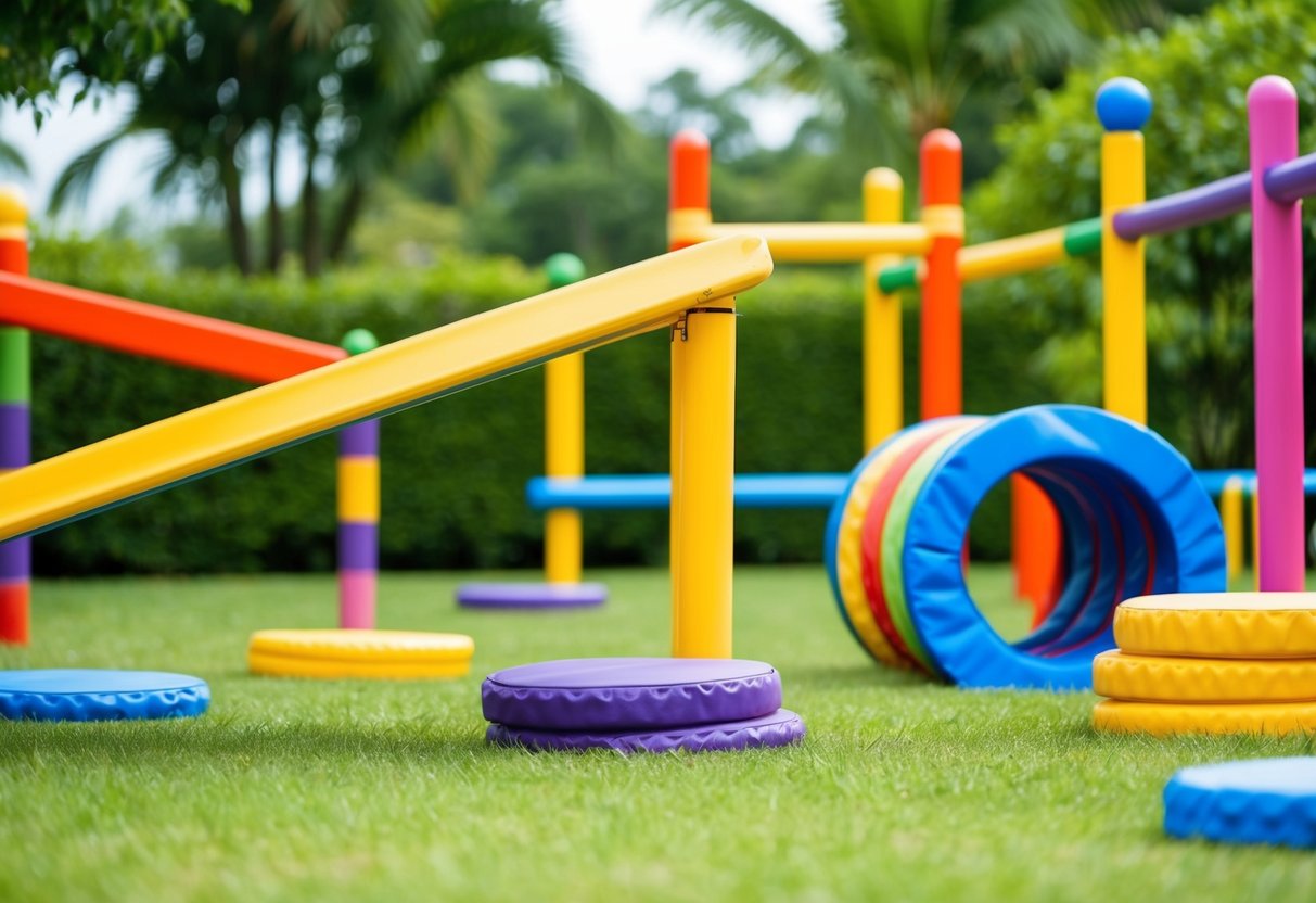 A colorful obstacle course with tunnels, balance beams, and stepping stones set in a lush outdoor environment