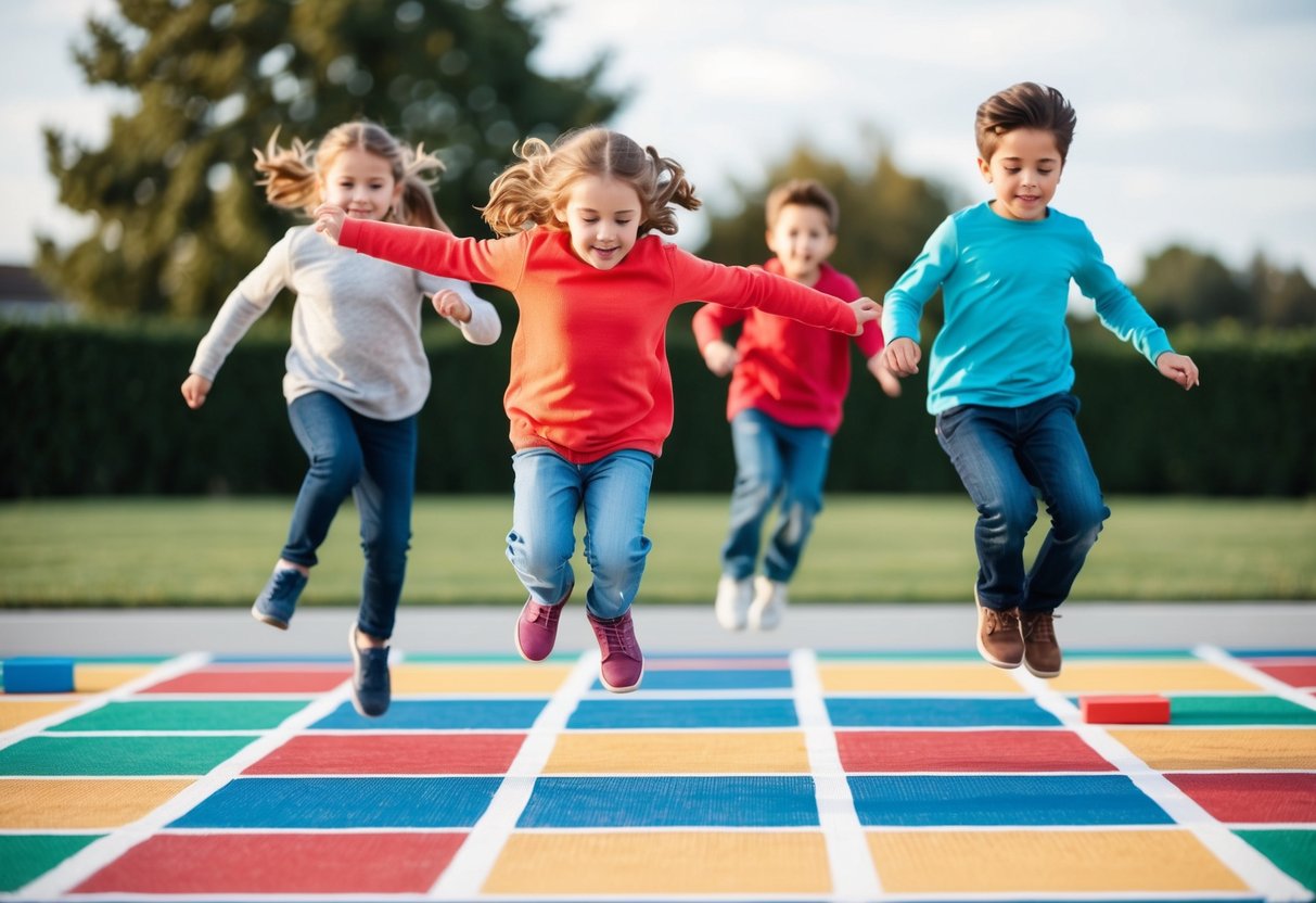 Children playing hopscotch on a colorful outdoor grid, jumping and balancing with focus and determination
