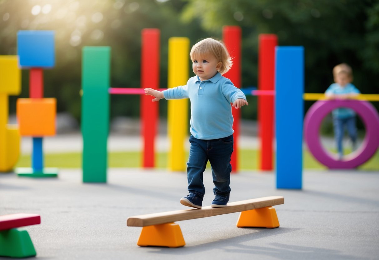 A preschooler walks across a balance beam, with colorful outdoor challenges in the background