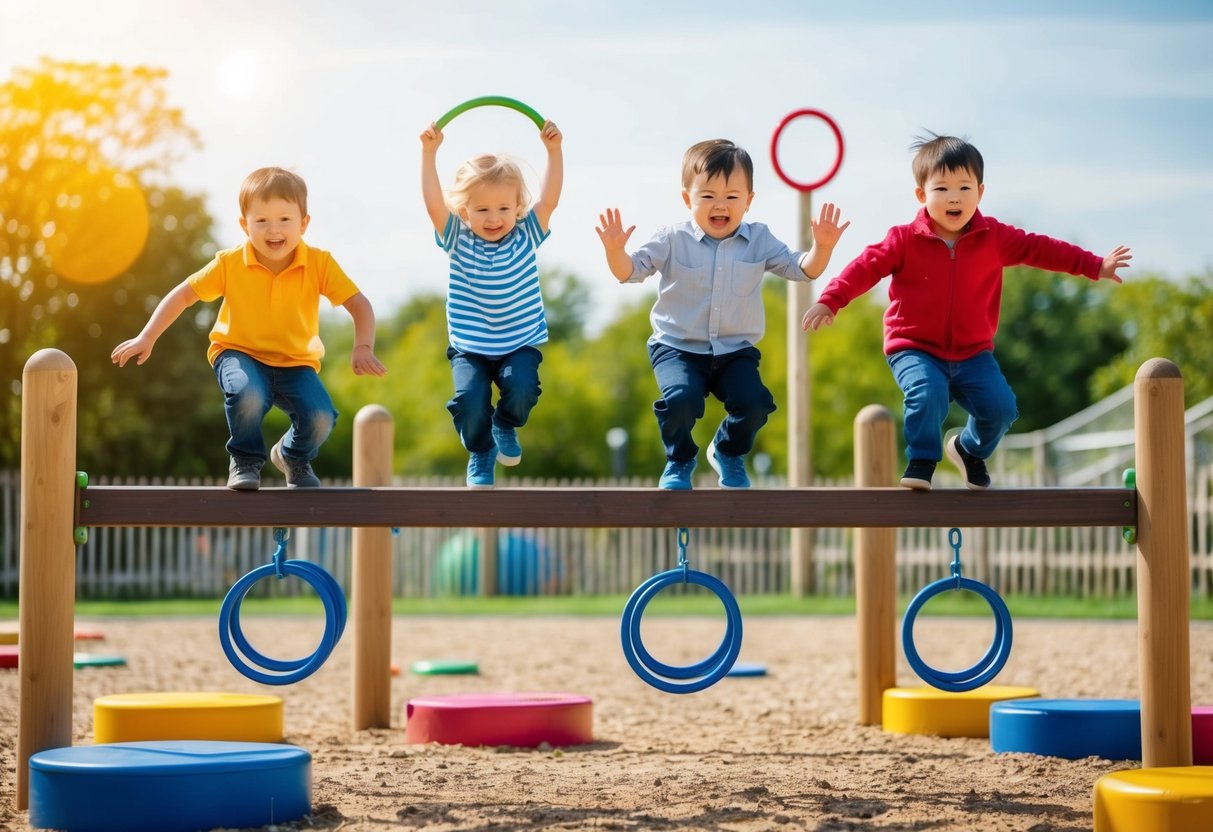 Preschoolers balancing on a narrow beam, hopping through a series of colorful hoops, and climbing over low obstacles in a sunny outdoor playground