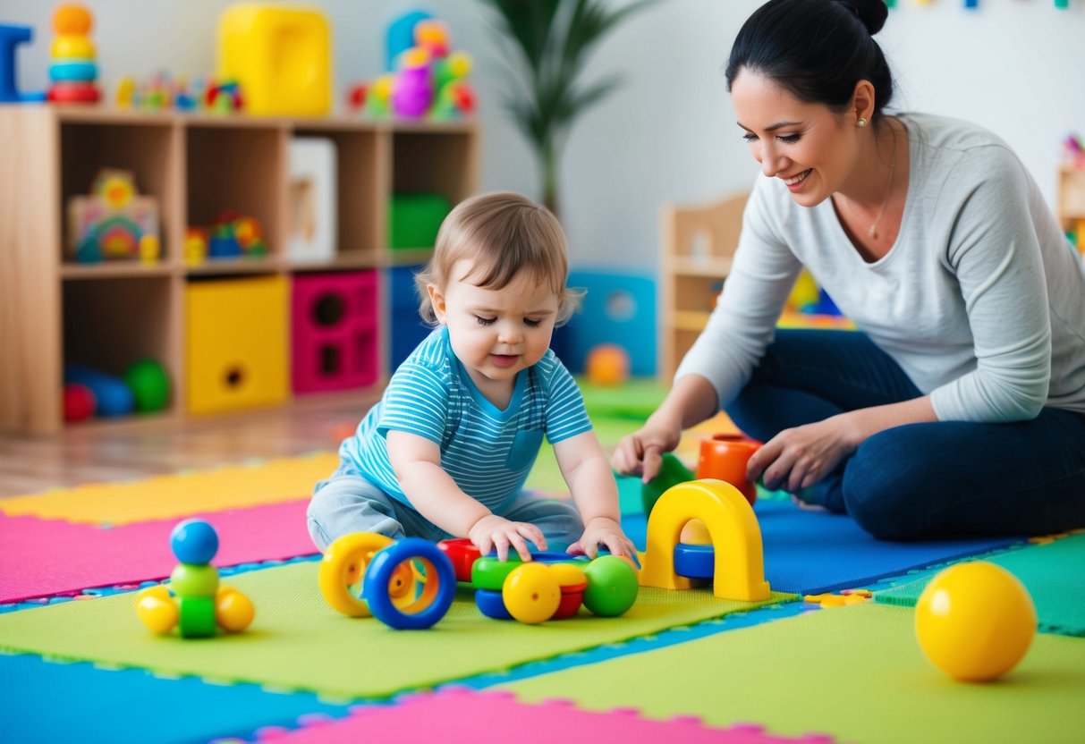 A toddler playing with toys in a colorful, organized play area. A parent or caregiver is nearby, engaging in active play. The room is bright and inviting, with soft mats and age-appropriate toys