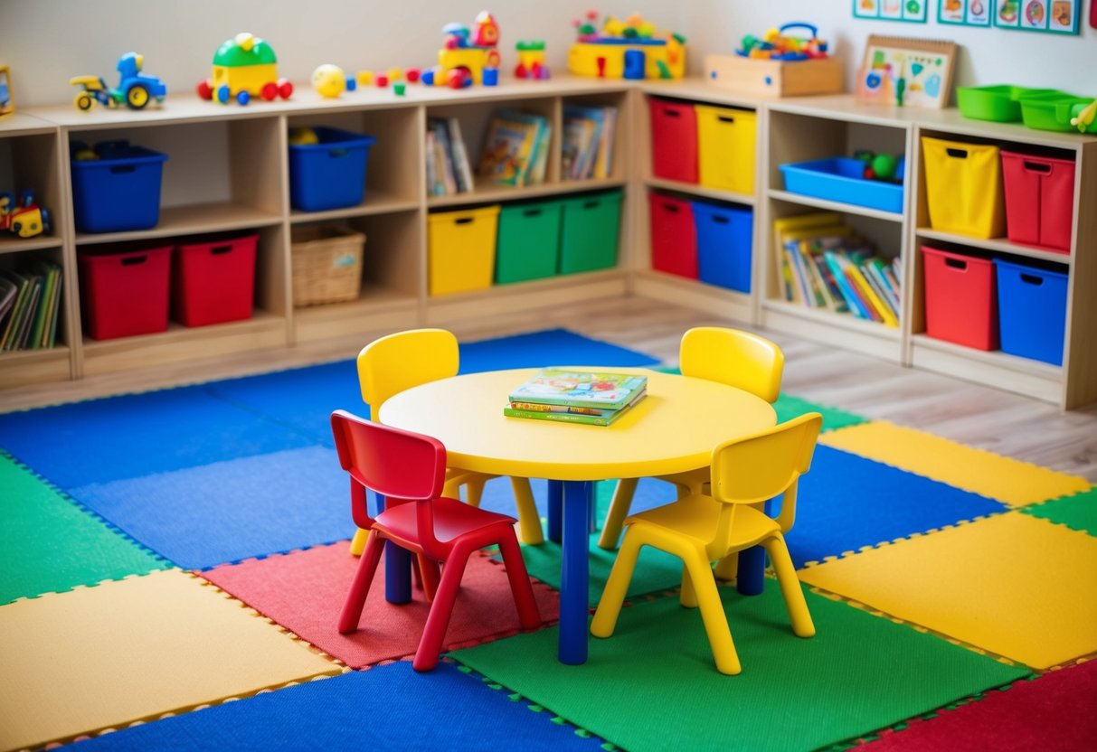 A colorful, organized play area with toys, books, and soft mats. A child-sized table and chairs invite creative play and learning activities