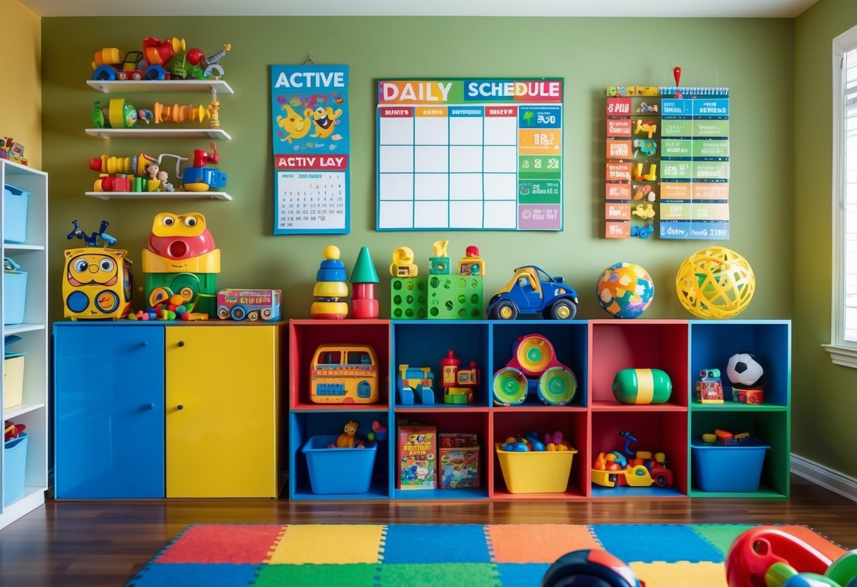 A colorful playroom with a variety of toys and games neatly organized on shelves. A calendar on the wall displays a daily schedule for active play