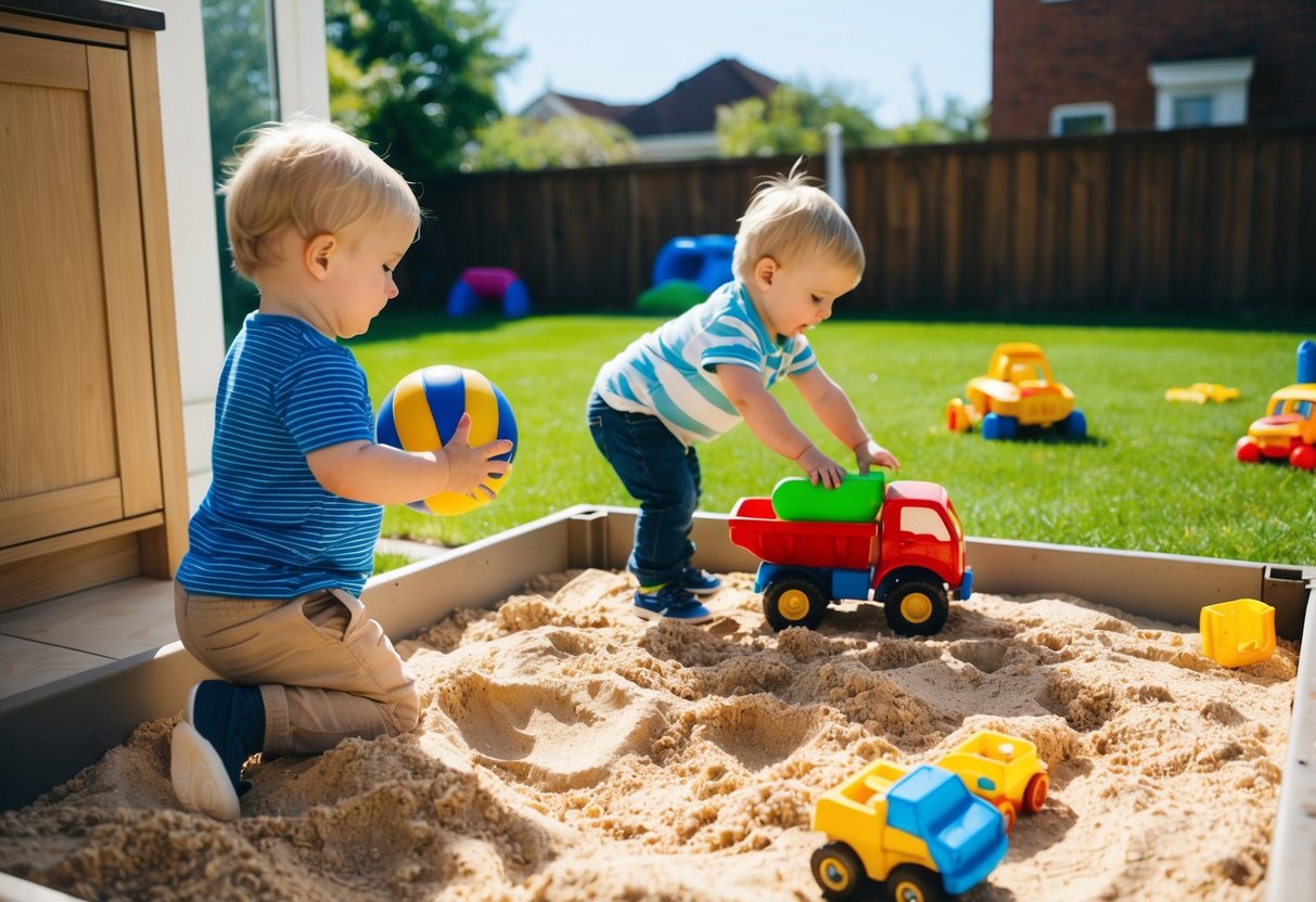 A toddler playing with a ball indoors, while another toddler plays with a toy truck in a sandbox outside. The sun is shining, and there are toys scattered around the yard
