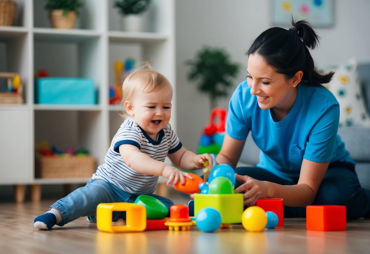 A toddler happily engages in active play, using toys and household items, while a caregiver encourages and joins in the fun
