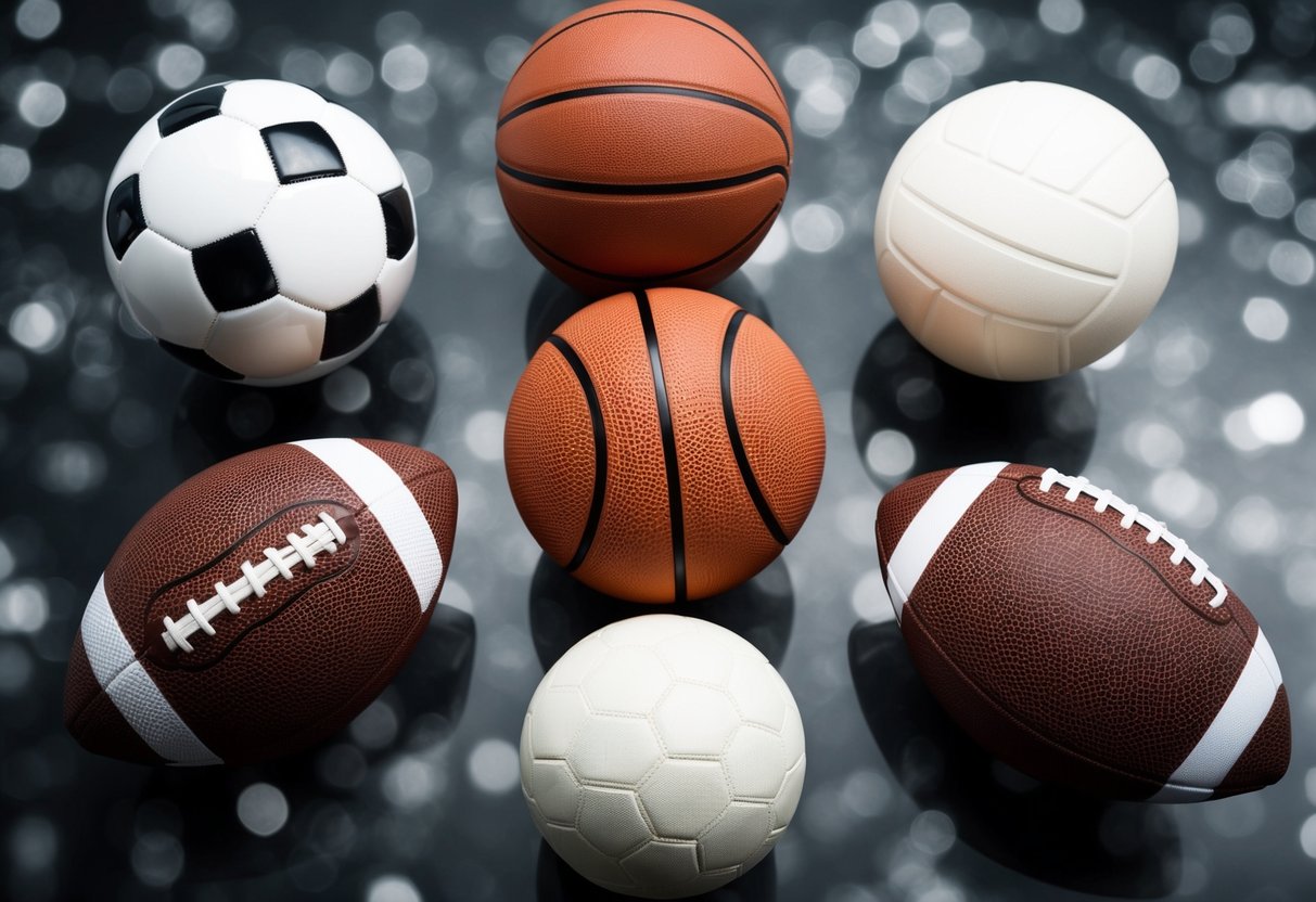 A soccer ball, basketball, volleyball, baseball, and football arranged in a circle with each representing a different team sport