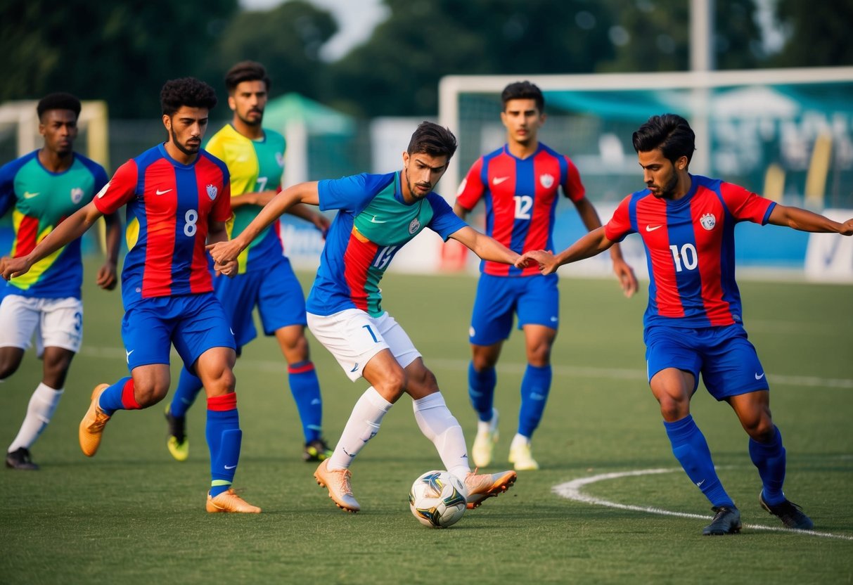 A group of players in colorful jerseys compete on a soccer field, passing and dribbling the ball with focus and determination