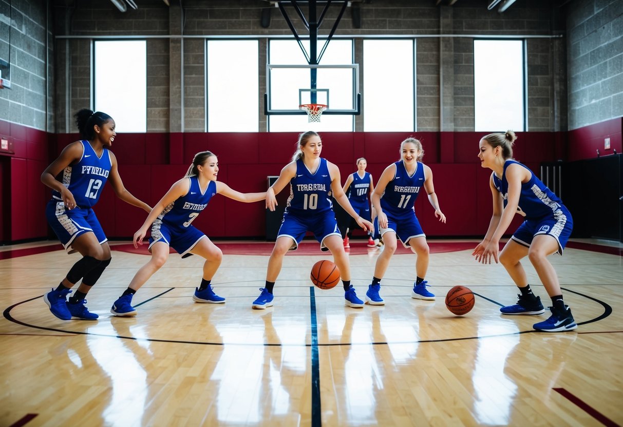 A basketball court with five teams playing, demonstrating teamwork and communication