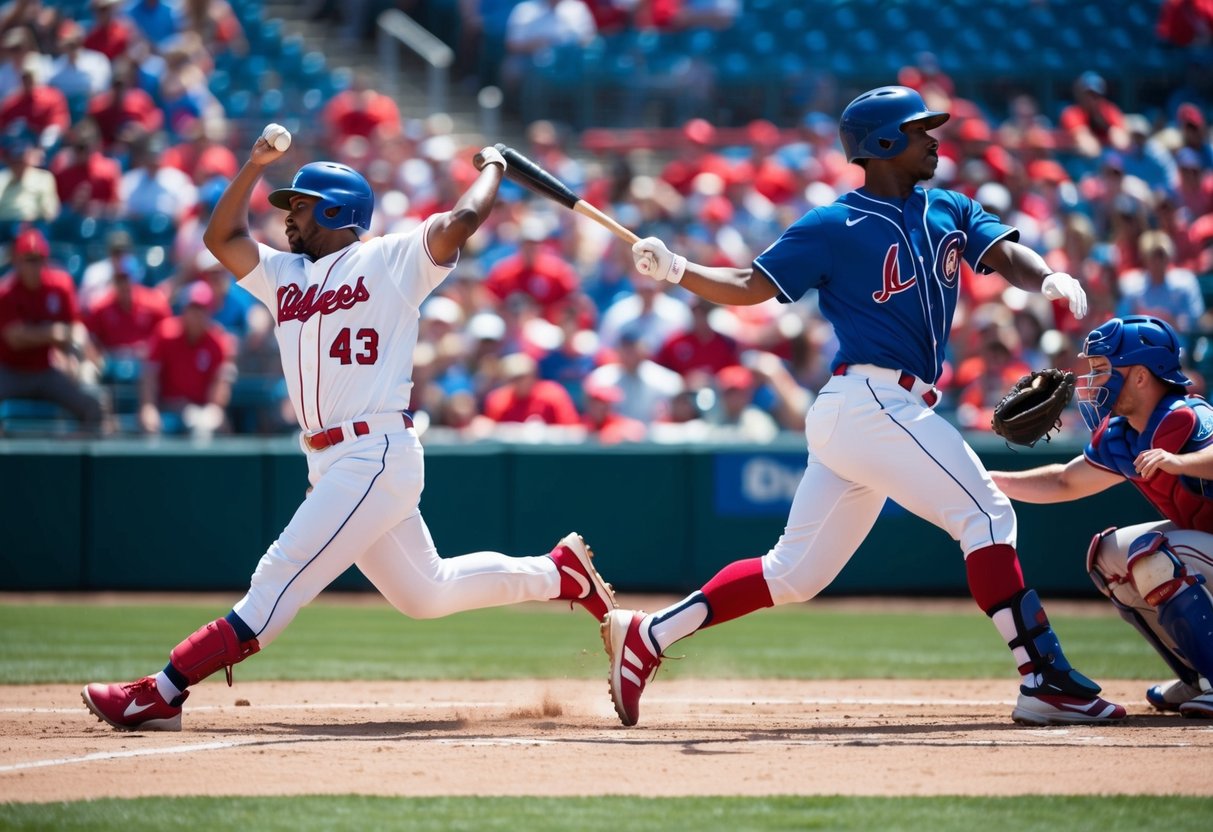 A baseball game in progress, with players running, throwing, and swinging bats on a sunny day at a crowded stadium