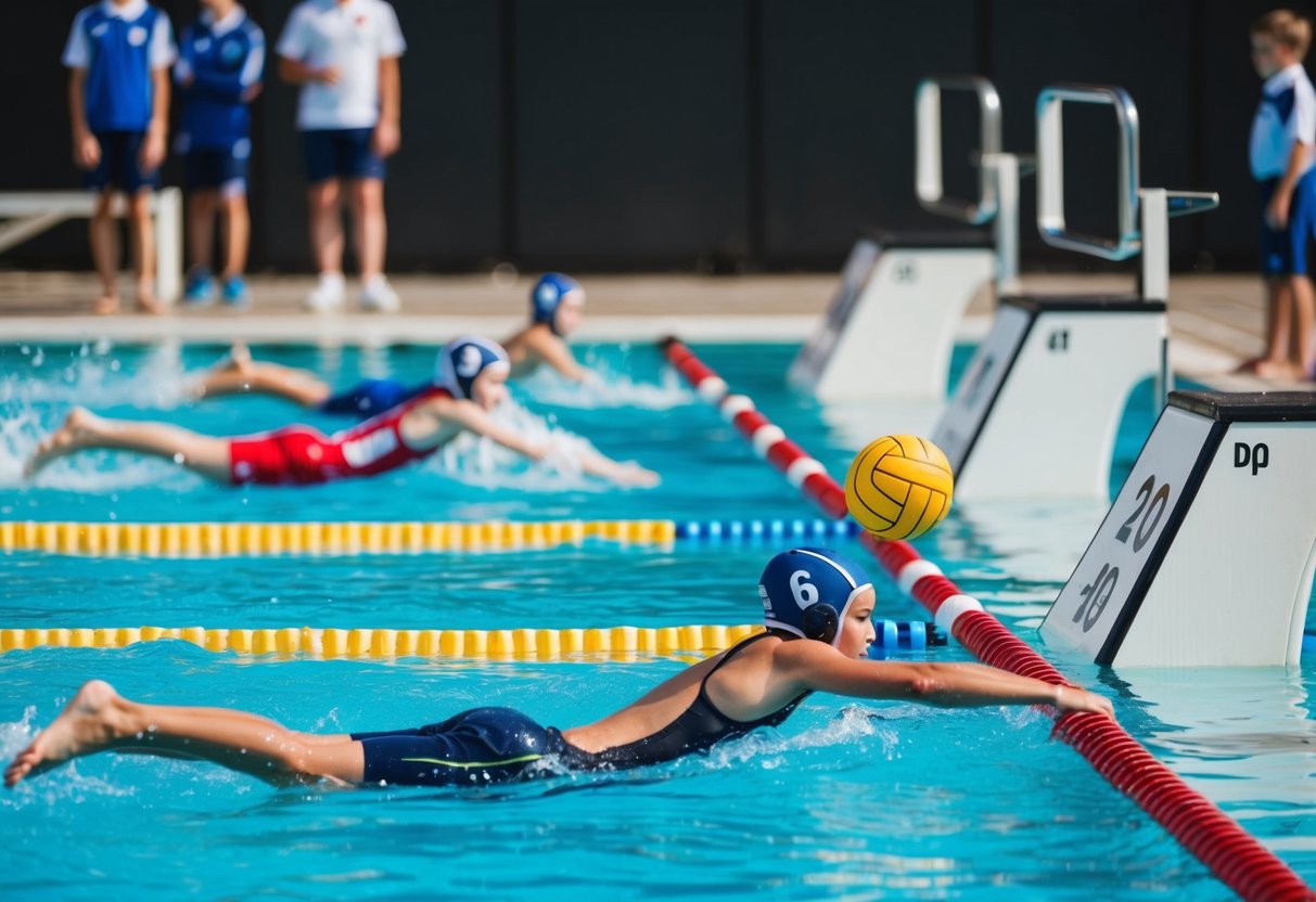 Children swimming in a pool, playing water polo and diving off starting blocks at a school sports event