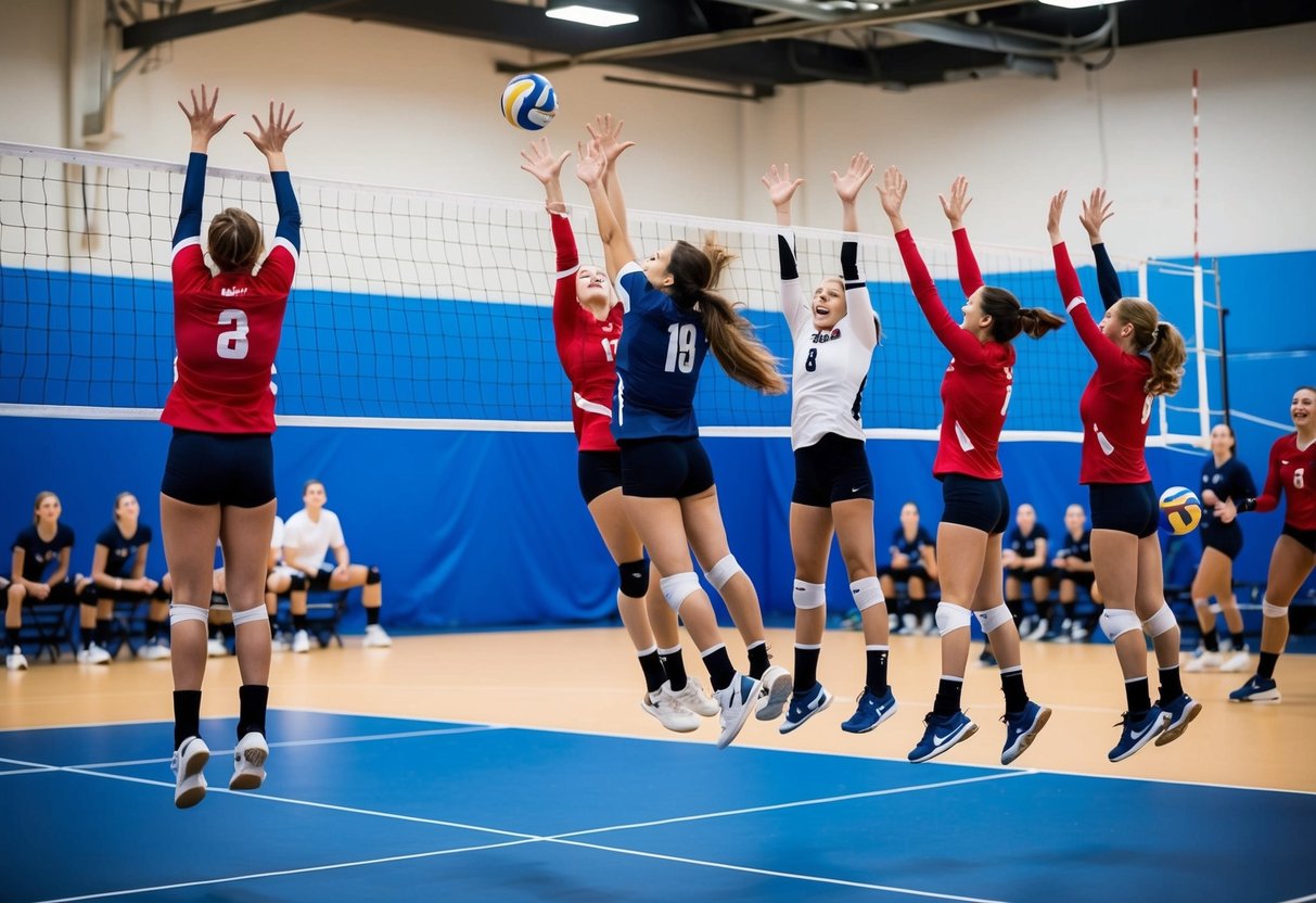 A group of players on a volleyball court, jumping and diving to hit the ball over the net, while teammates cheer and strategize from the sidelines