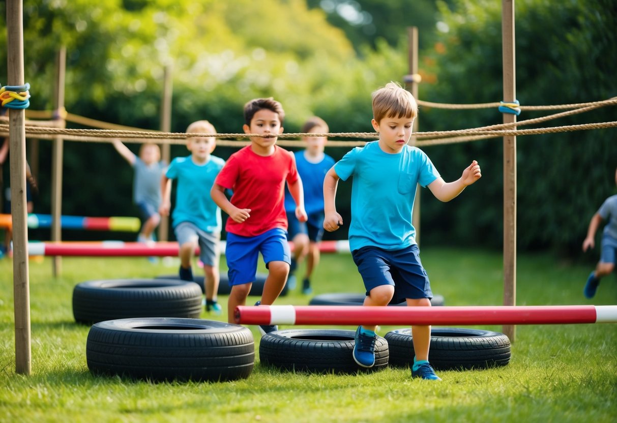 Children navigating through a challenging obstacle course in a lush outdoor setting, with ropes, tires, and balance beams to conquer