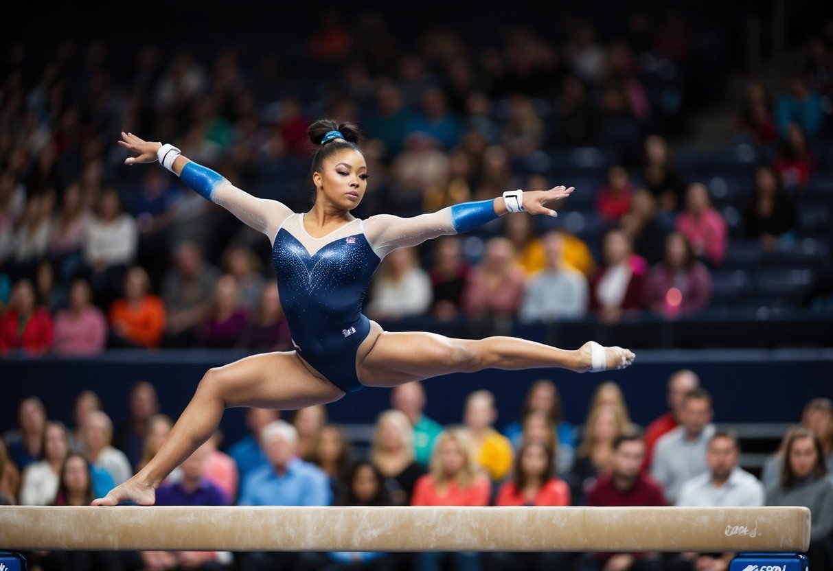 A gymnast gracefully performs a routine on the balance beam, with the audience watching in awe
