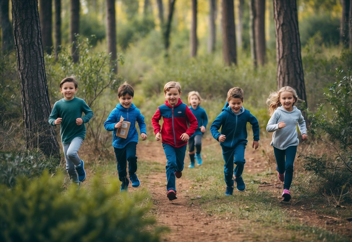 Children running through a forest, searching for items on a scavenger hunt list, surrounded by trees, bushes, and wildlife