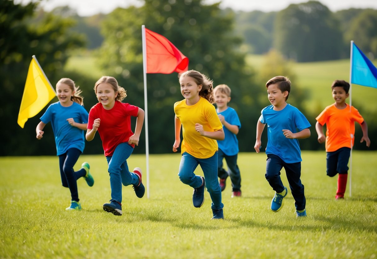 Children running through a grassy field, each team with a brightly colored flag, as they compete in a game of capture the flag