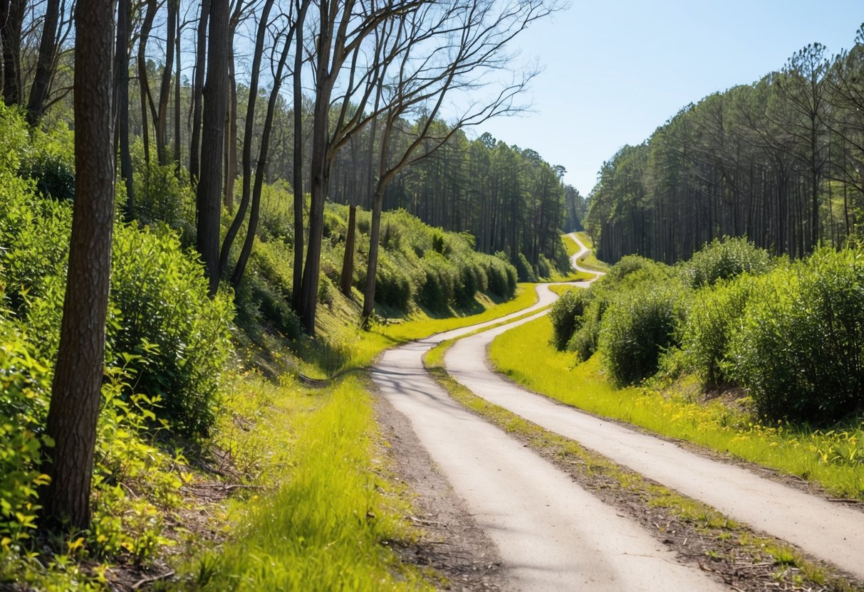 A winding bike trail through a sunny forest, with trees and bushes lining the path and a few small hills for added challenge