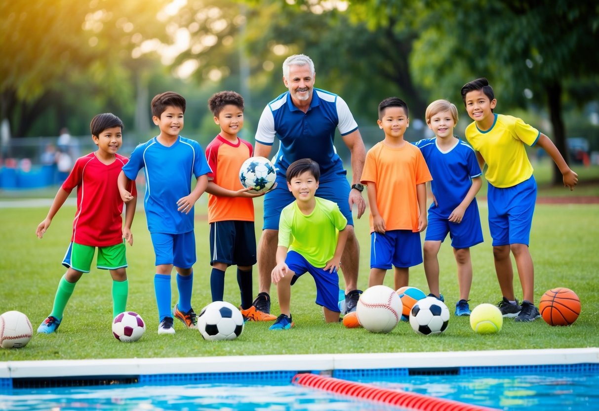 A diverse group of kids playing various sports in a park, including soccer, basketball, baseball, and swimming, with colorful equipment and a supportive coach