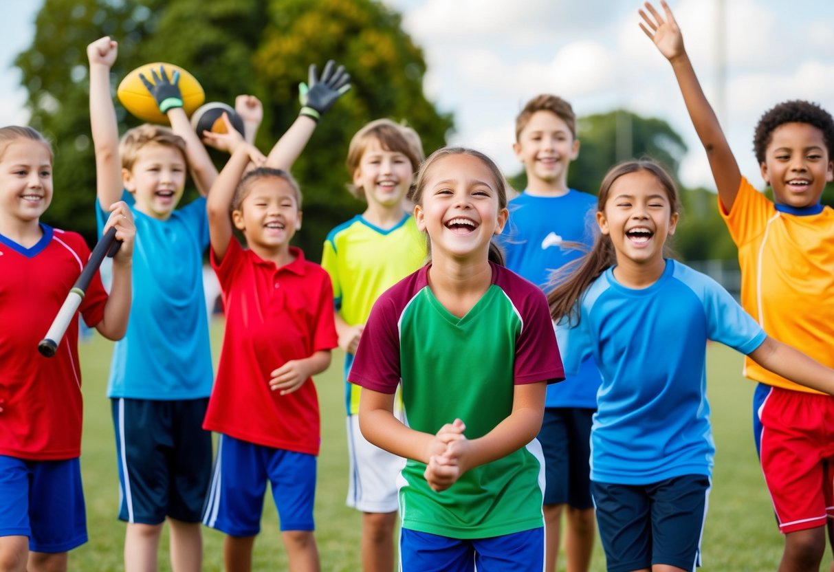 Children playing various sports together with smiles and laughter, emphasizing teamwork and enjoyment over winning