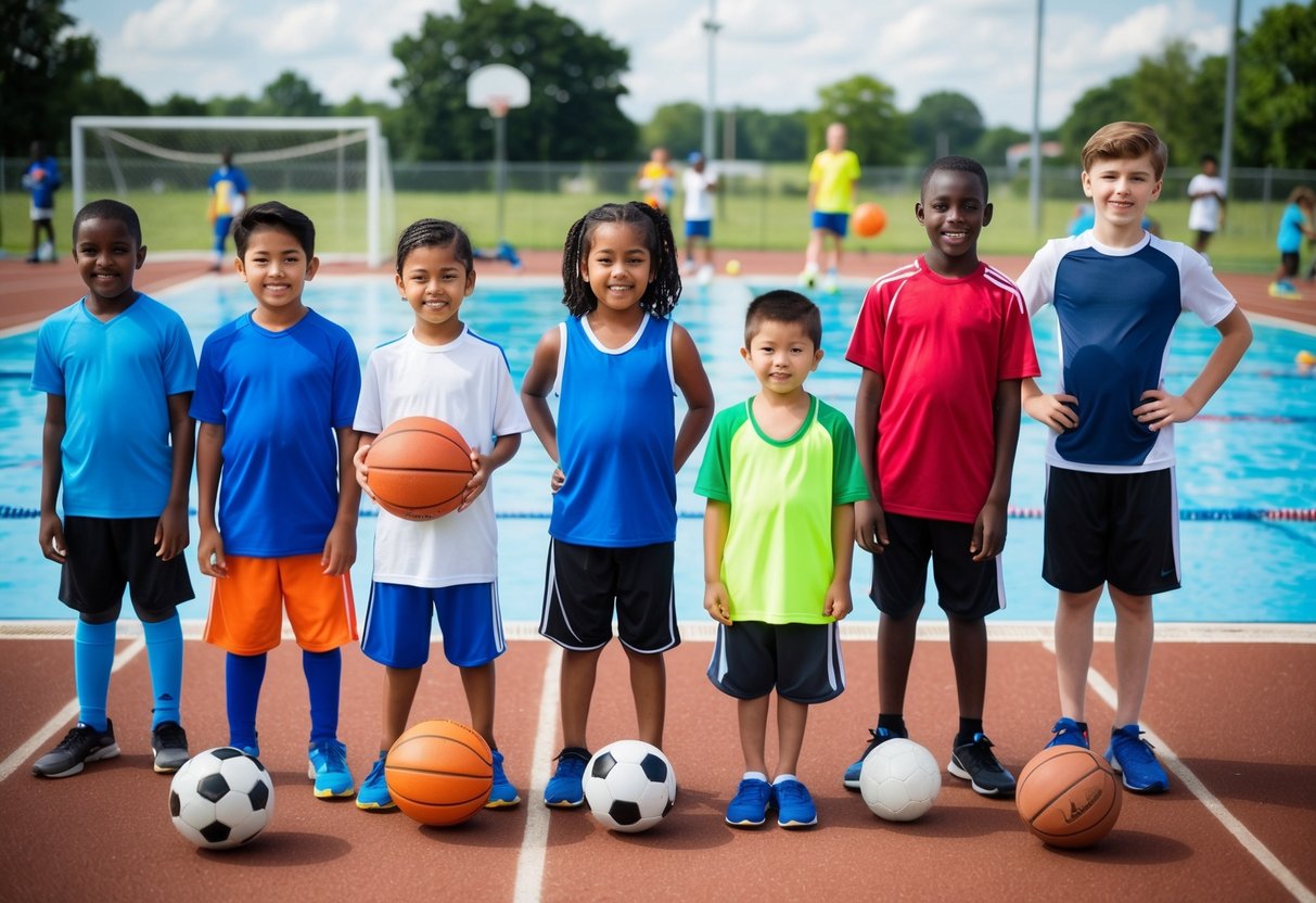 A group of kids of various ages and backgrounds participate in a variety of sports activities, such as soccer, basketball, and swimming, at a local sports facility