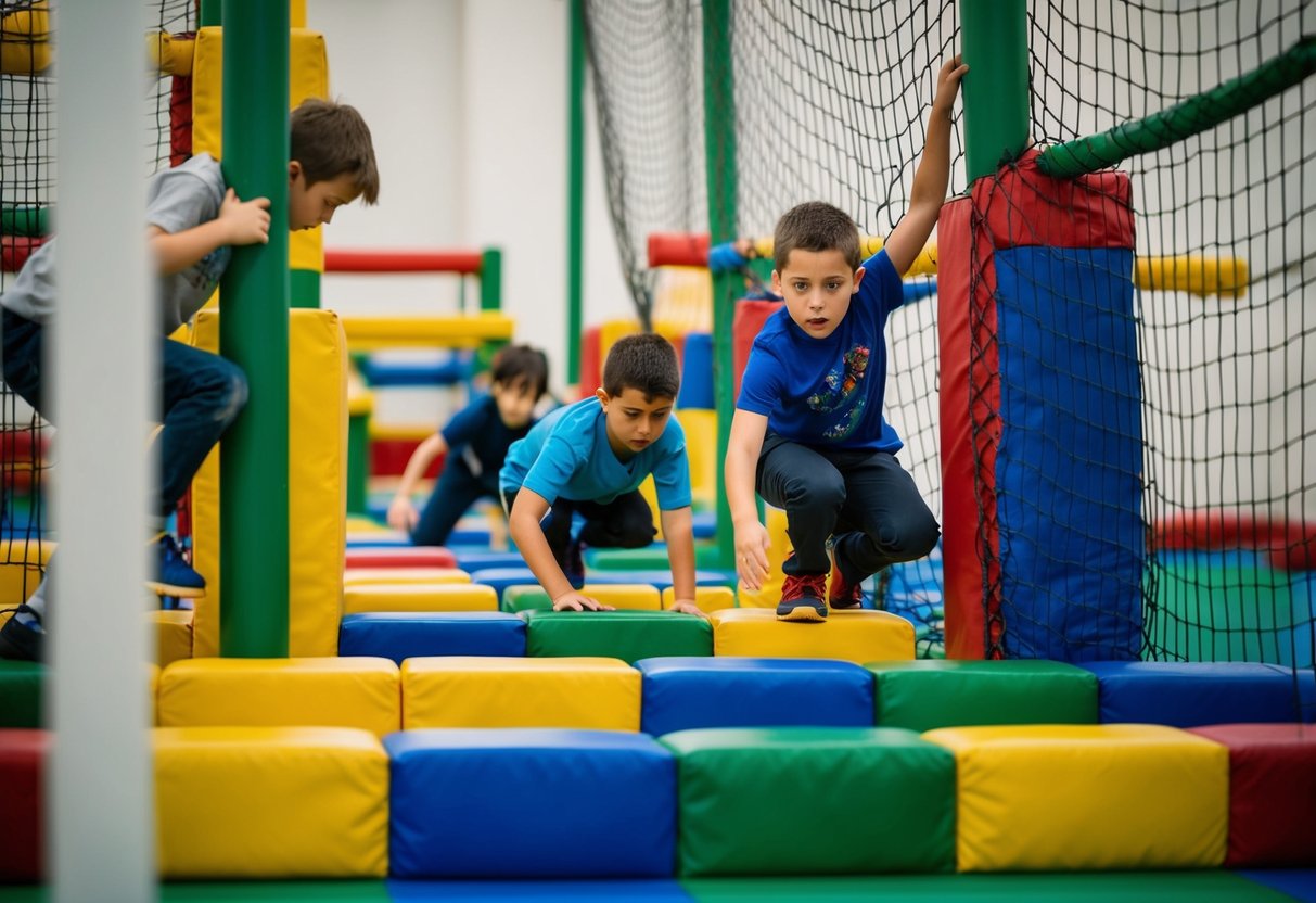 A group of kids navigate through a challenging obstacle course, climbing over walls, crawling under nets, and balancing on beams