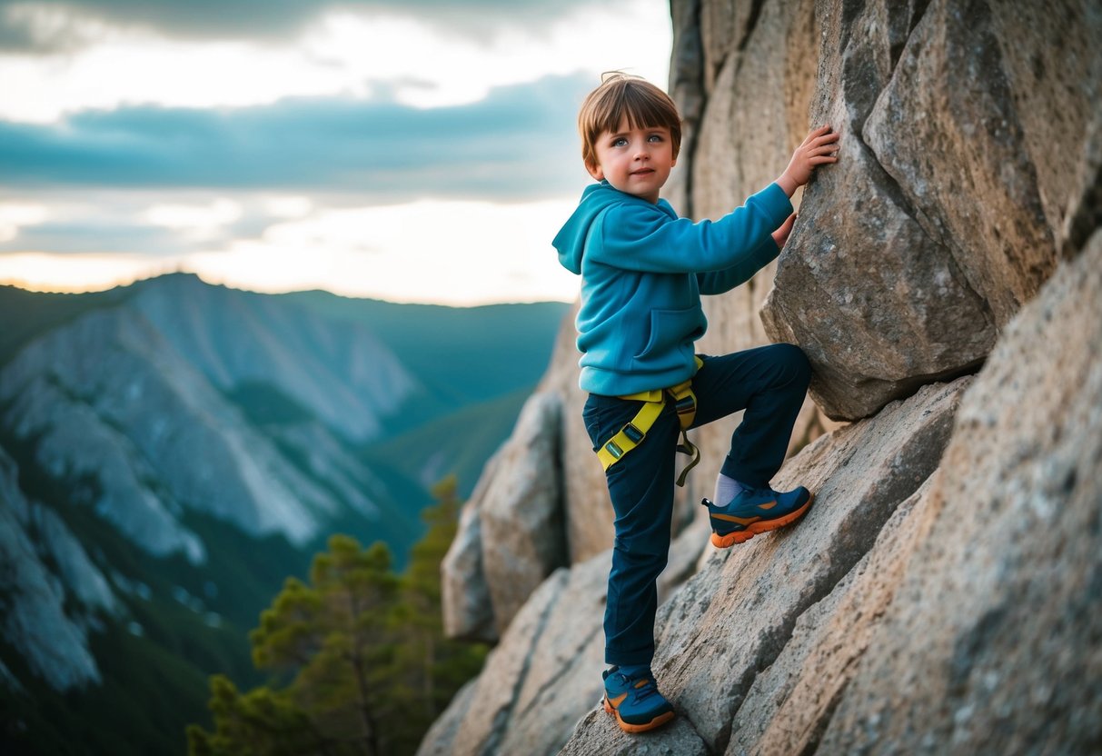 A child confidently scales a rugged rock face, their determined expression reflecting their resilience in the face of challenge