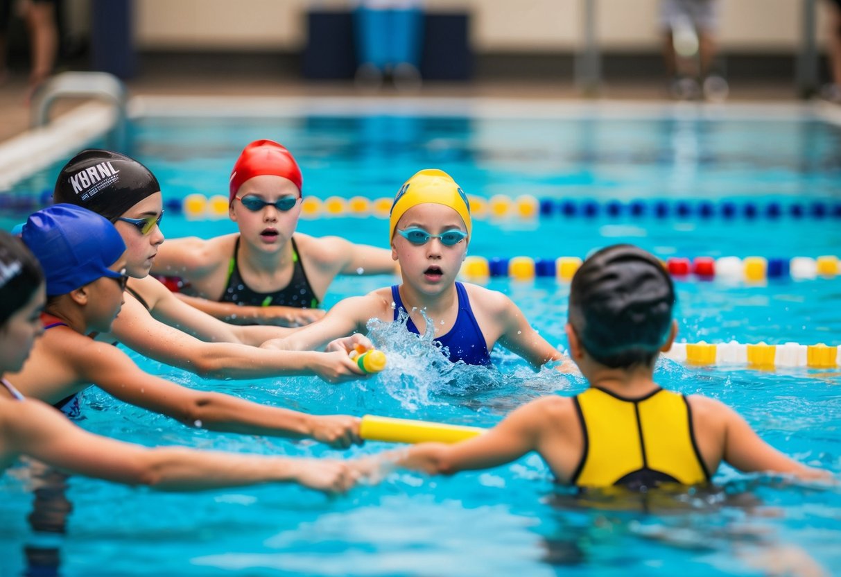 A group of children swimming in a relay race, passing a baton to one another in a pool