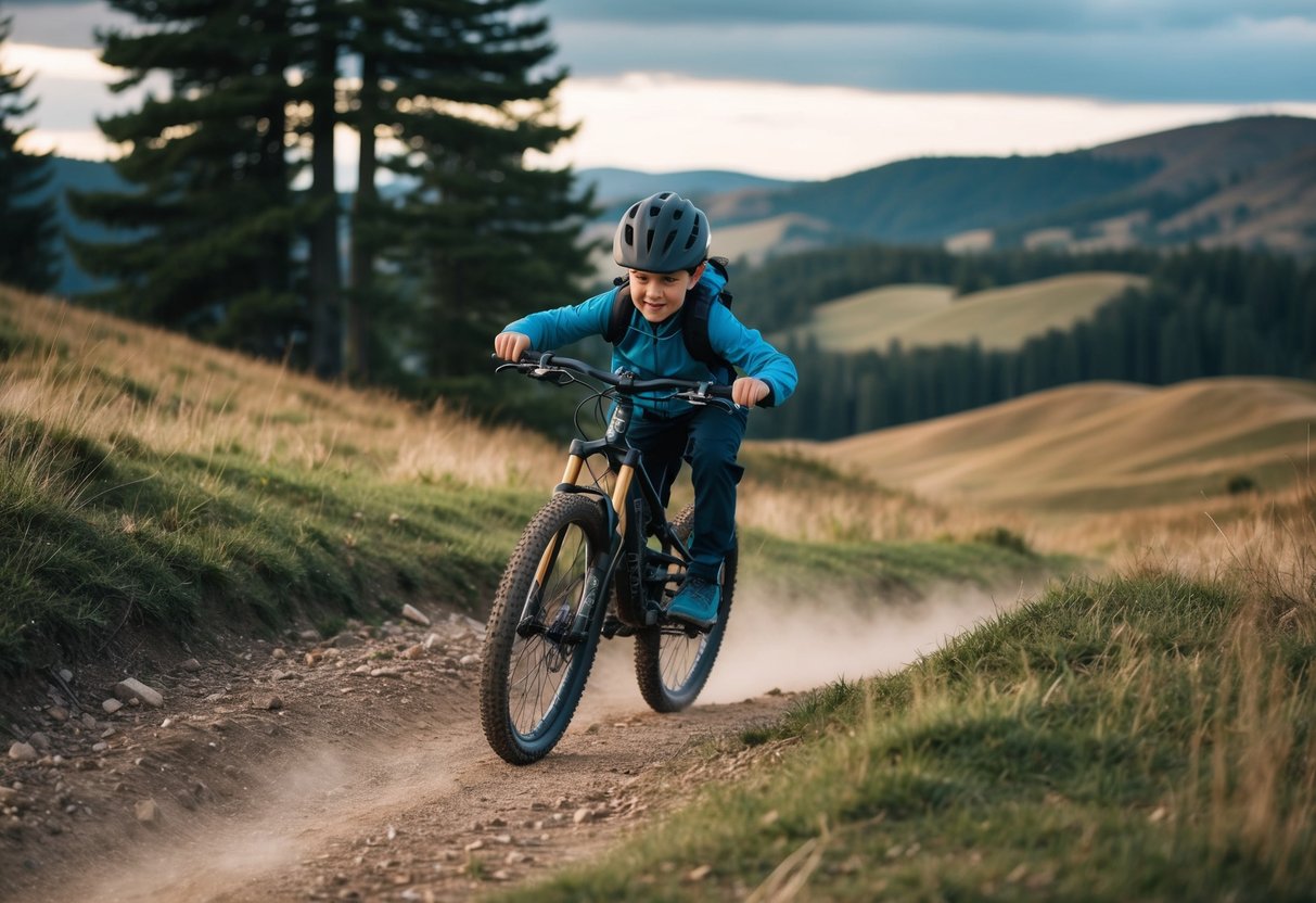 A child confidently navigates a rugged mountain biking trail, displaying resilience and determination. The scenic backdrop features rolling hills and towering trees