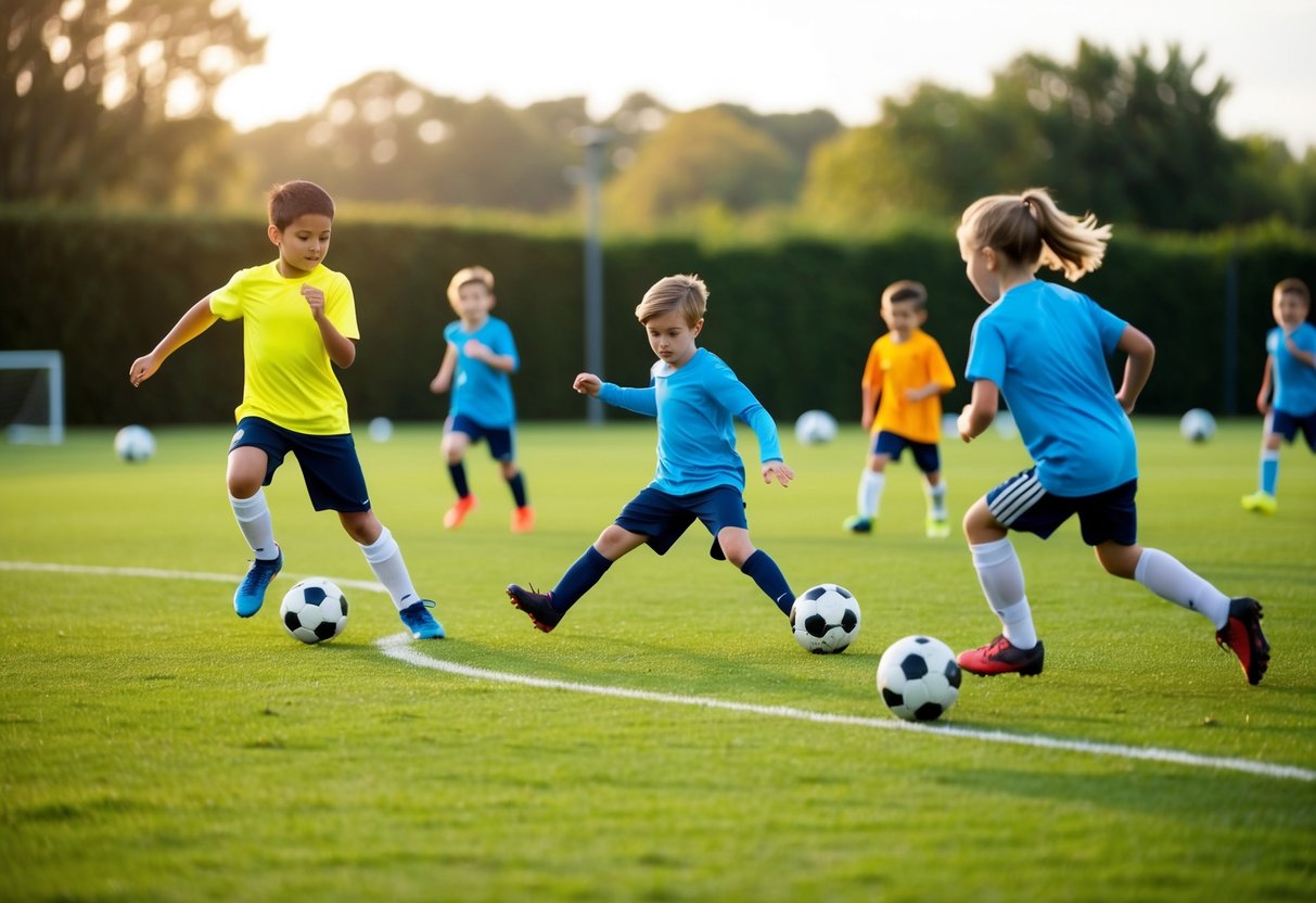 Children practicing soccer drills on a grassy field, running, kicking, and passing the ball with determination and energy