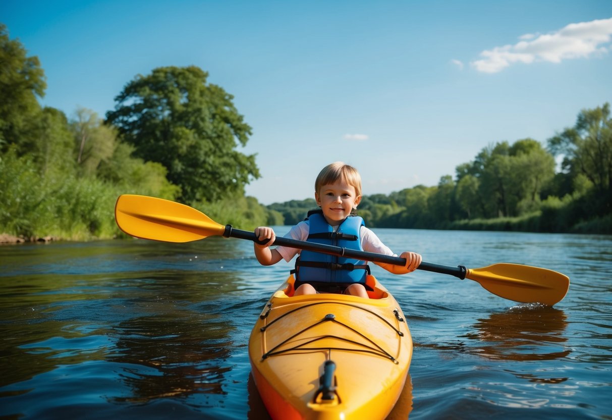 A child kayaking on a calm river, surrounded by lush green trees and a clear blue sky