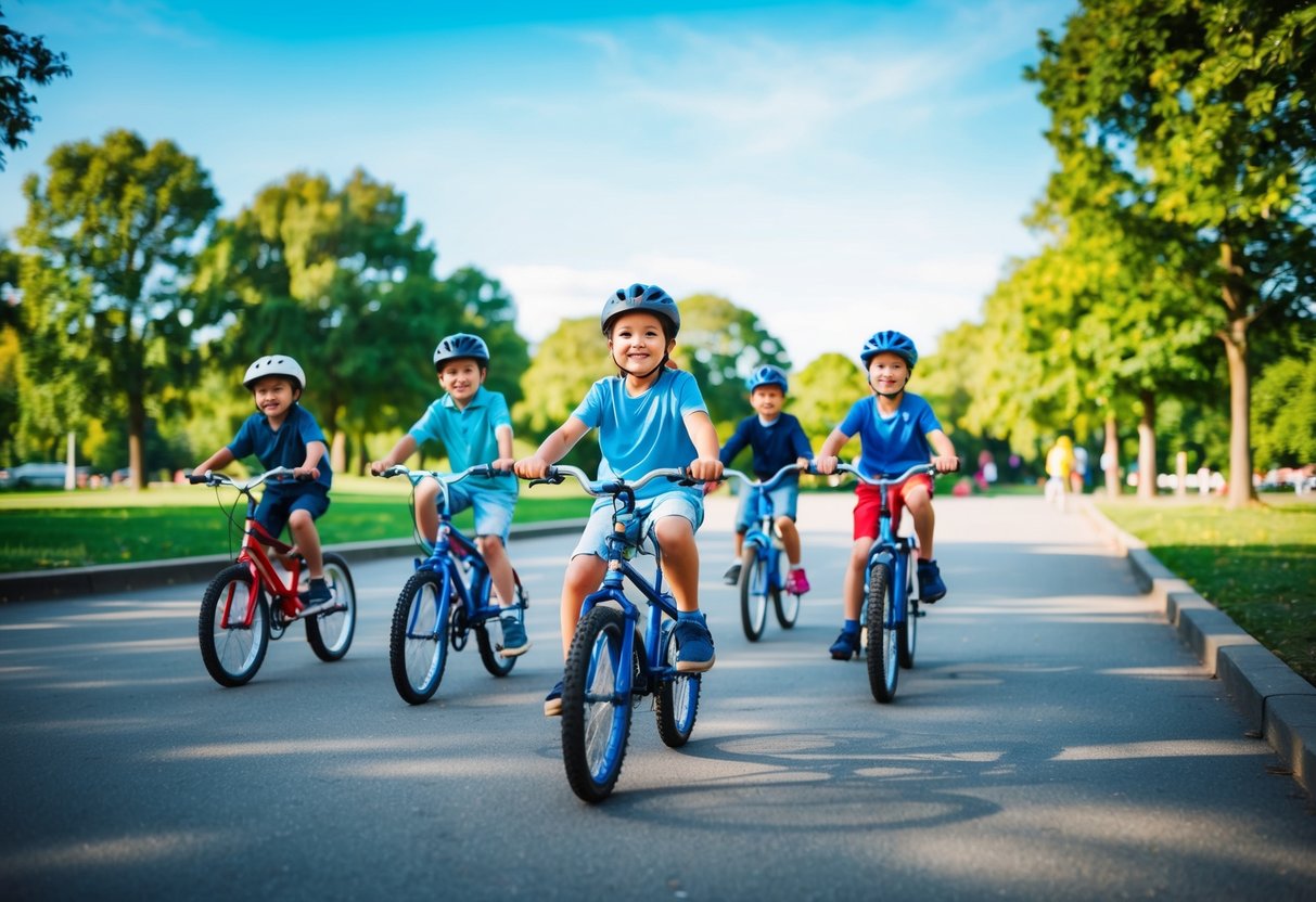 A group of children riding bicycles through a park, with trees and a bright blue sky in the background