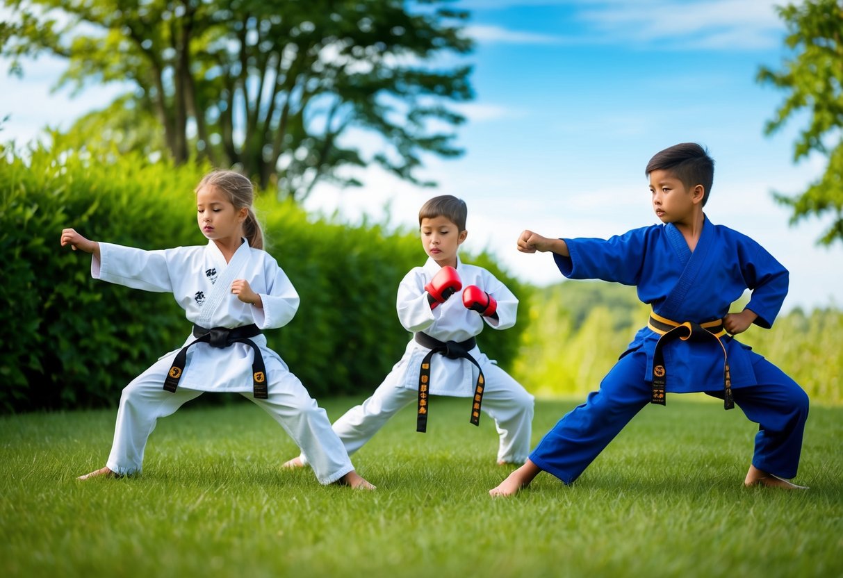 Children practicing martial arts in a serene outdoor setting, surrounded by lush greenery and a clear blue sky. They demonstrate discipline and focus as they perform various techniques