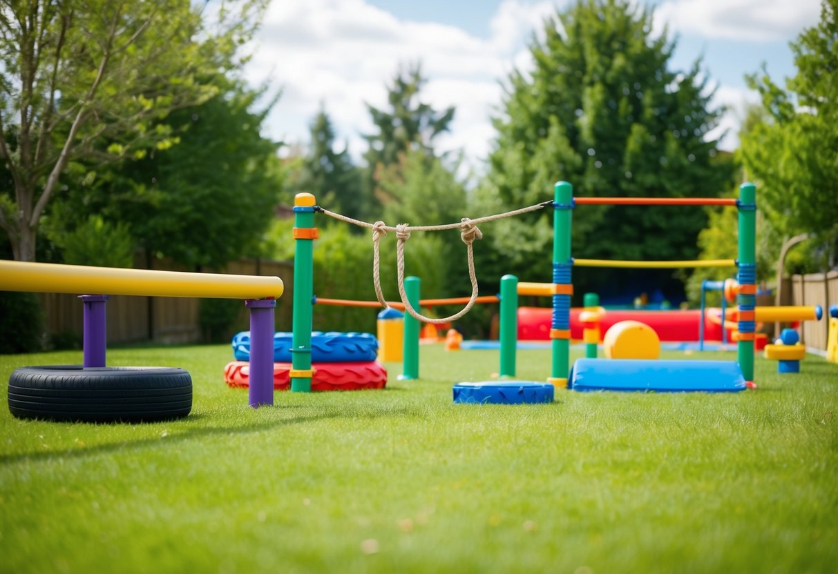 A backyard obstacle course with a balance beam, tire run, rope climb, monkey bars, and more, surrounded by trees and grass
