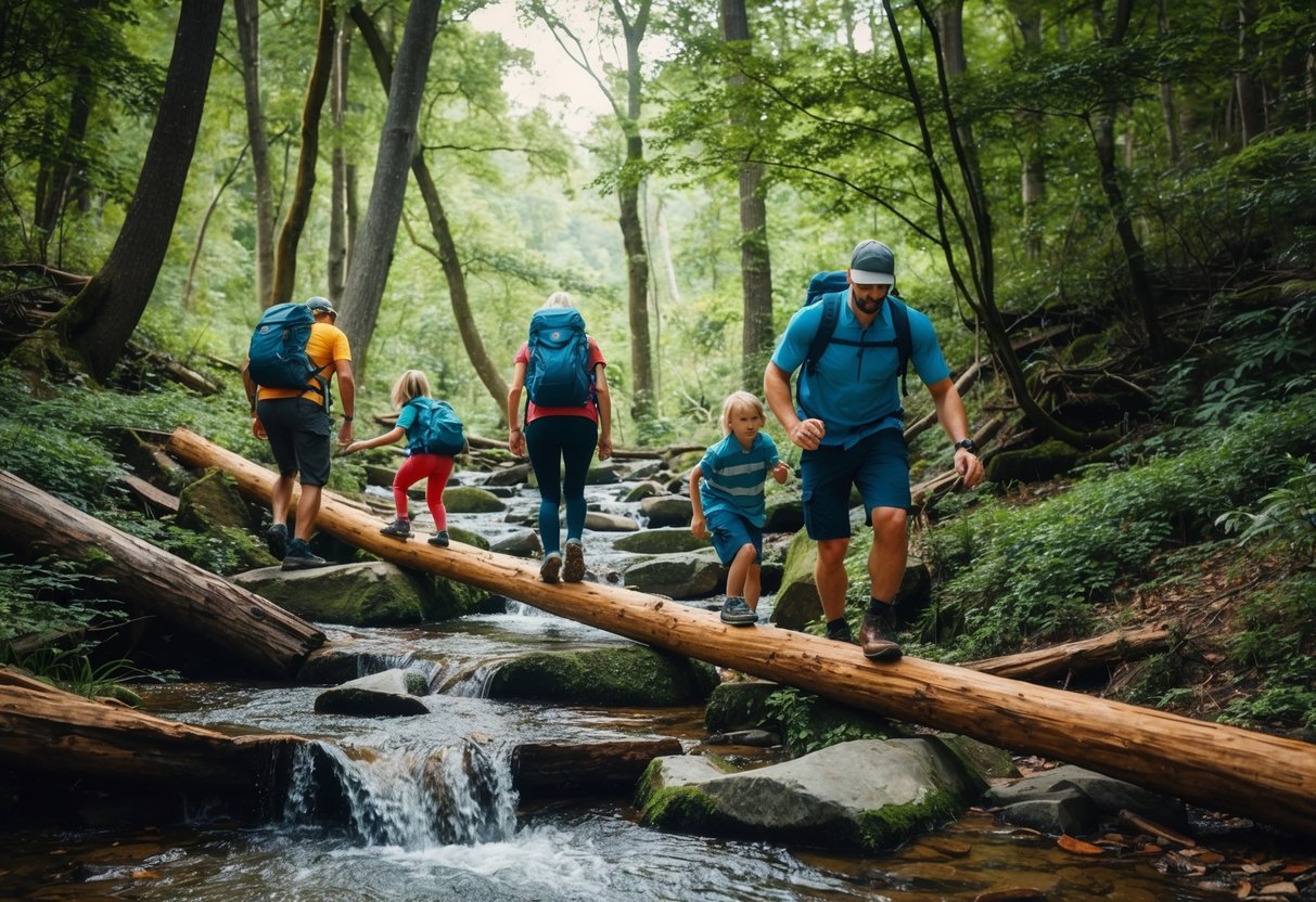 A family hikes through a lush forest, crossing a bubbling stream and climbing over fallen logs. They navigate rocky terrain and balance on stepping stones
