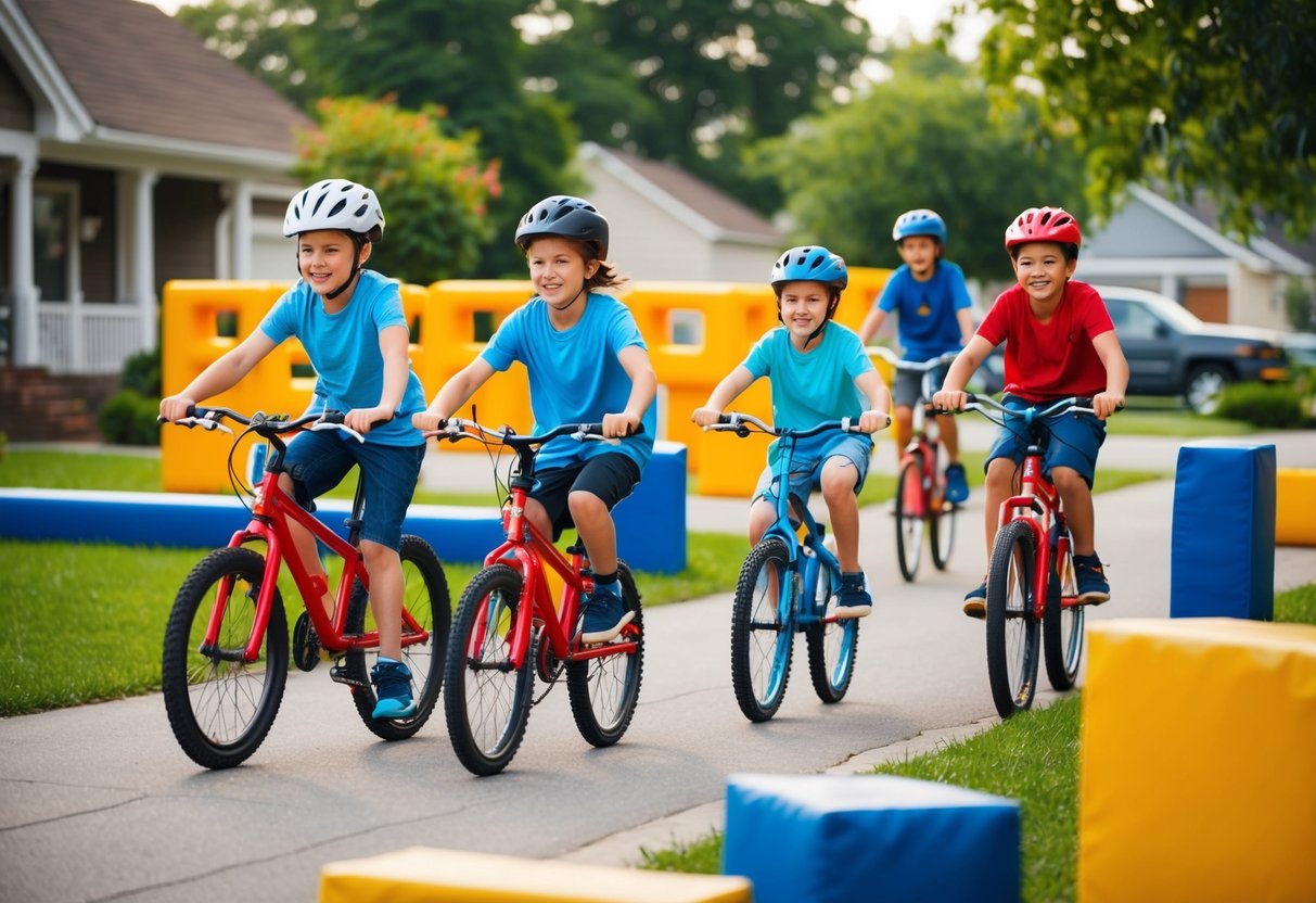 A group of kids riding bikes through a vibrant neighborhood, navigating through obstacle courses and performing physical challenges