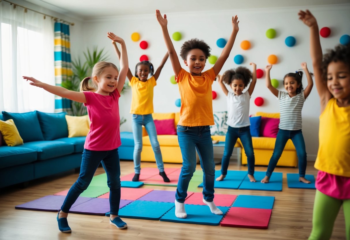 Children dancing and completing physical challenges in a colorful living room with music playing and energy flowing