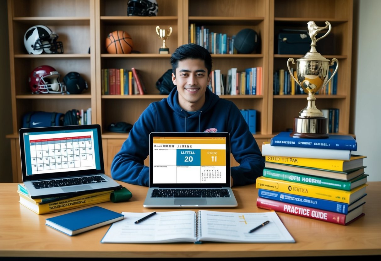 A student sitting at a desk with sports equipment and textbooks, a calendar with practice schedules, a laptop open to a study guide, and a trophy on the shelf