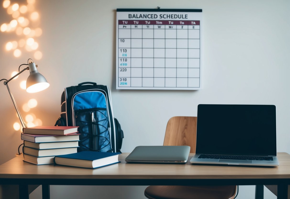 A desk with a stack of books, a laptop, and a sports equipment bag. A calendar on the wall shows a balanced schedule