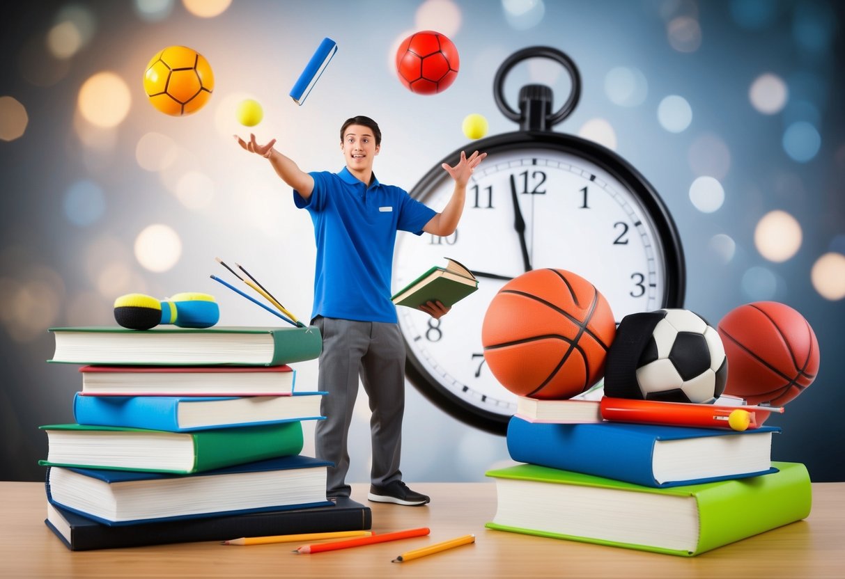 A student juggling books and sports equipment while a clock ticks in the background