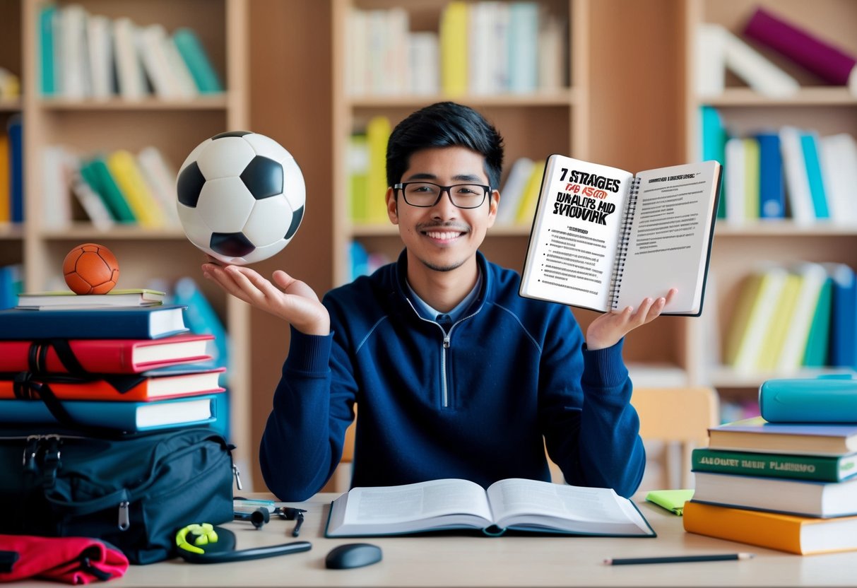 A student sits at a desk, surrounded by sports equipment and textbooks. They juggle a soccer ball while studying, with a planner open to a page titled "7 Strategies for Balancing Sports and Schoolwork."