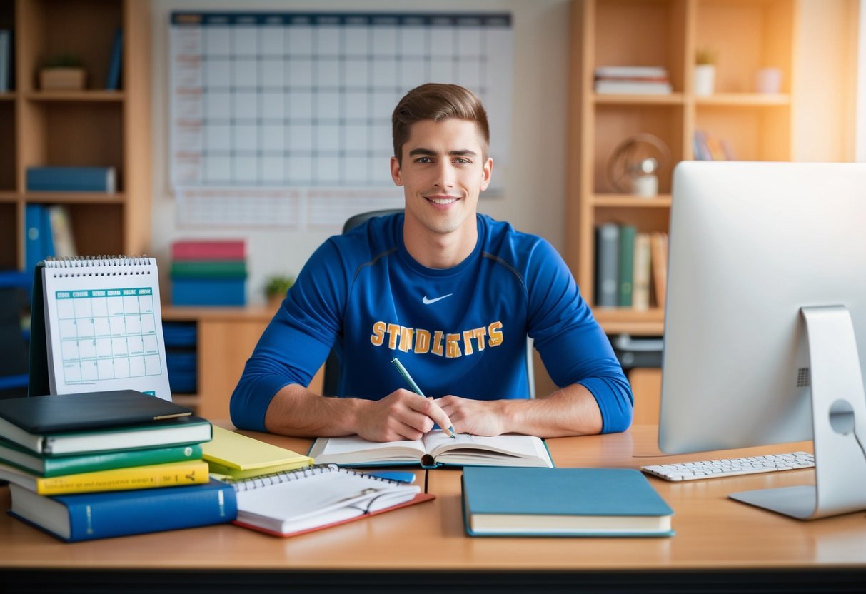 A student athlete sitting at a desk with textbooks and sports equipment, surrounded by a calendar, planner, and computer. Juggling schoolwork and athletic commitments